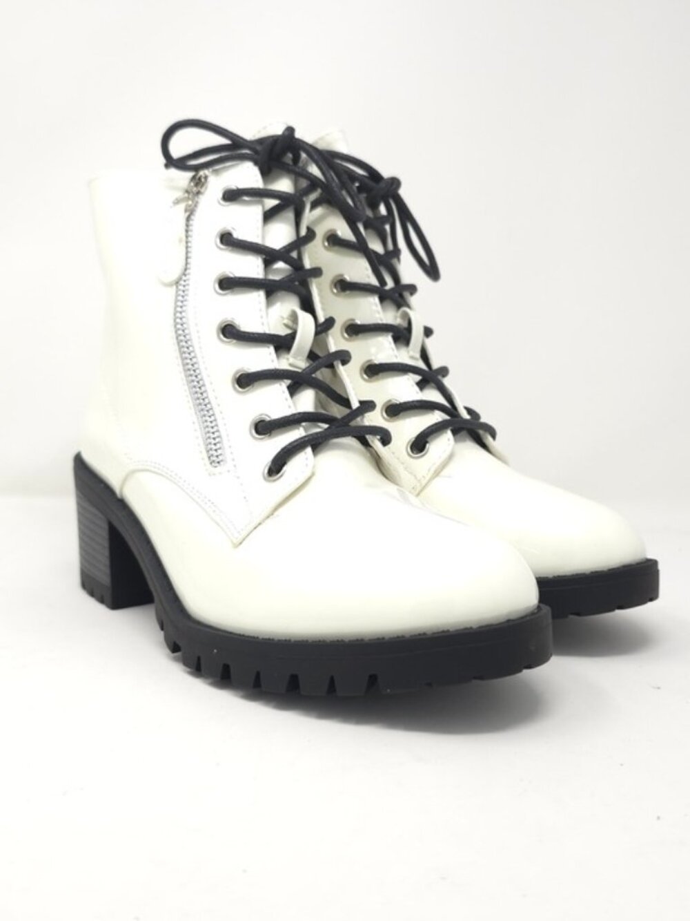 Combat Boots Chunky Heel Lace Up Side Zipper Faux Leather White Pat Ankle Boot - Picture 2 of 12